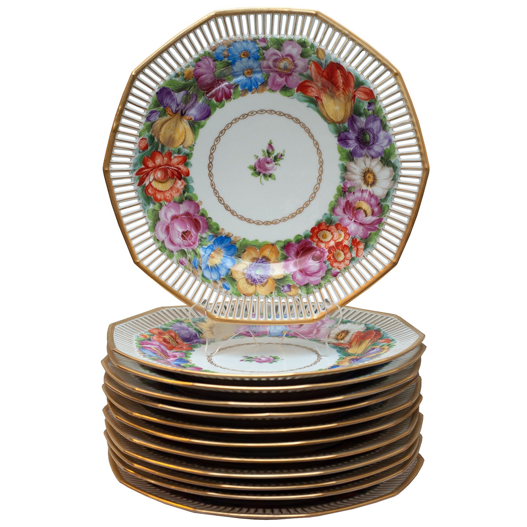 Antique Set of 12 Dresden Dinner Plates with Gallery Edge and Floral Painting For Sale