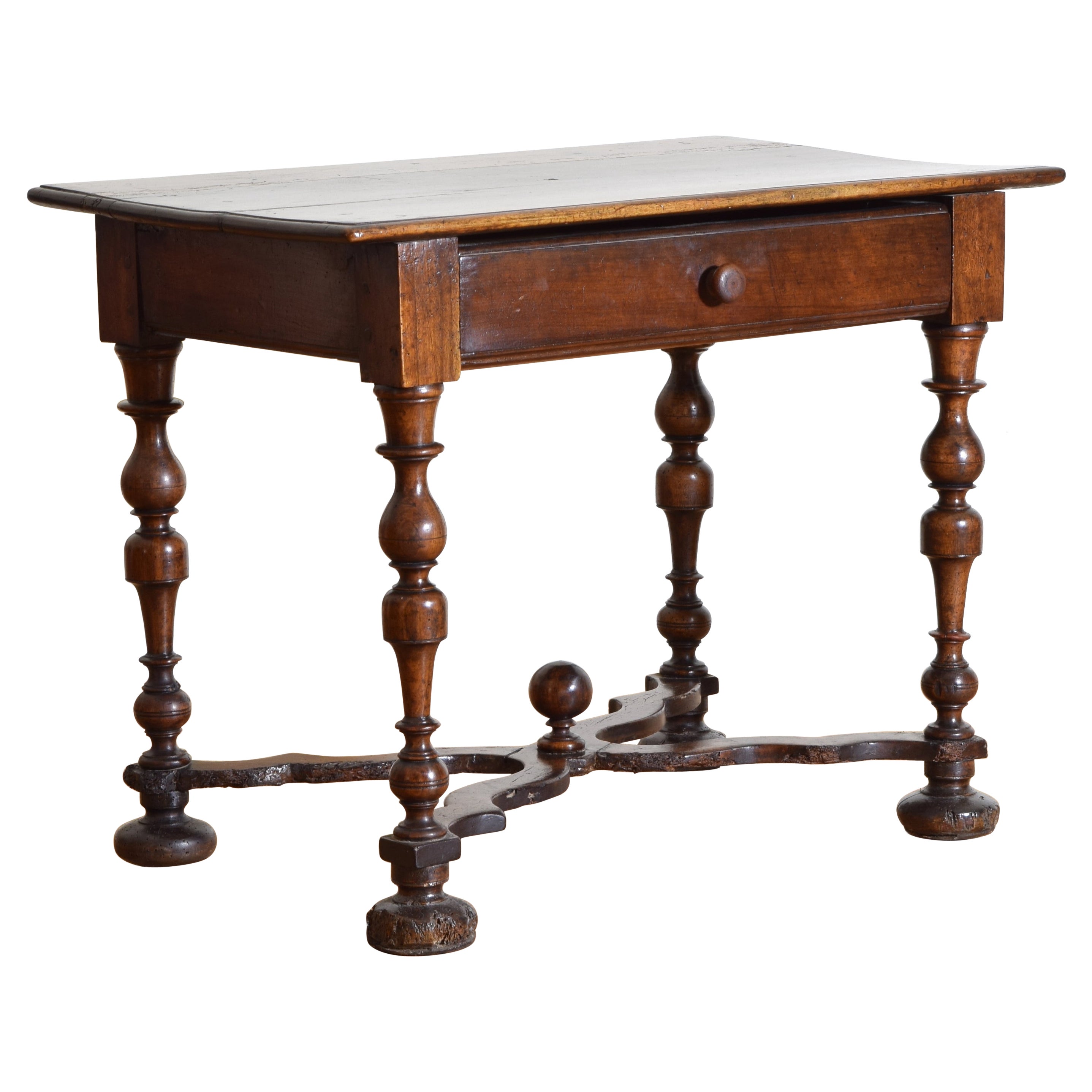 French Louis XIV Period Shaped Walnut 1-Drawer Table, 1st quarter 18th century