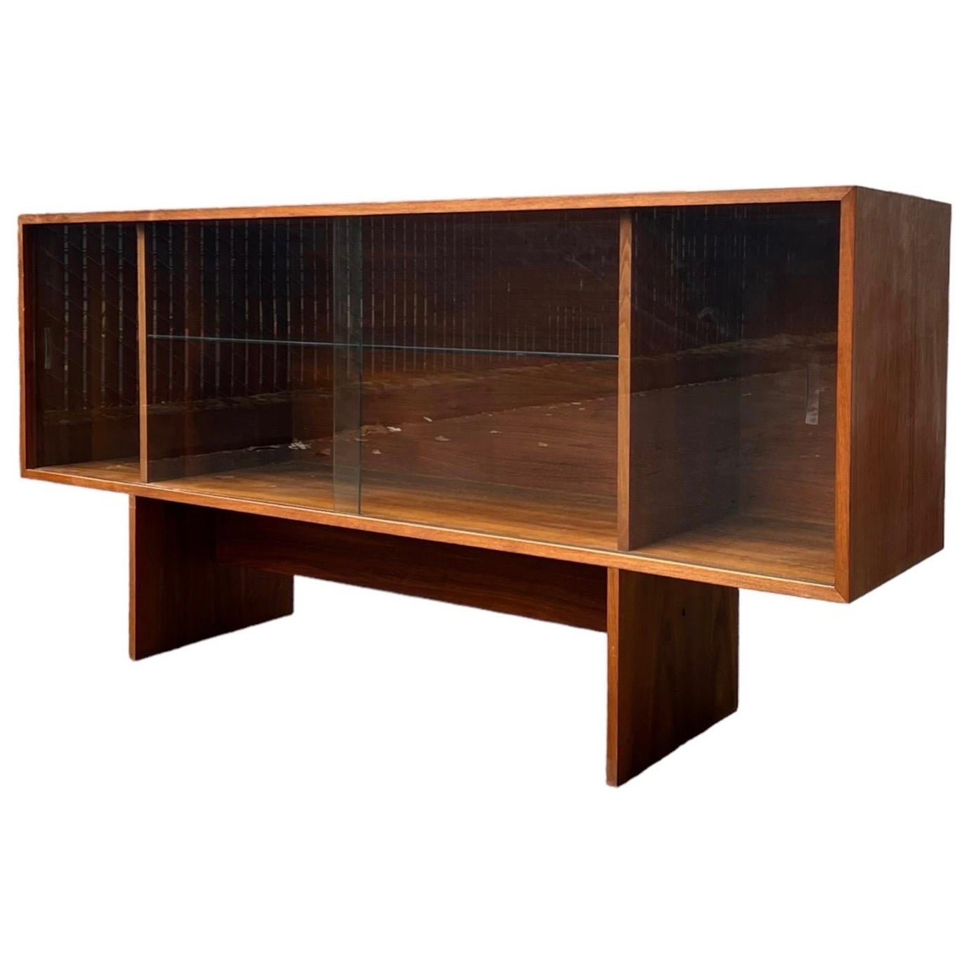 Vintage Mid Century Modern Walnut Wood Book Shelf Display Cabinet  For Sale