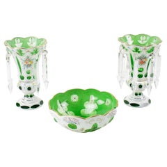Antique Czech Bohemian Apple Green Glass Crystal Lusters and Bowl