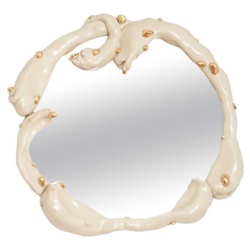 Contemporary Glazed Stoneware and Gold Luster Sculptural Wall Mirror For Sale