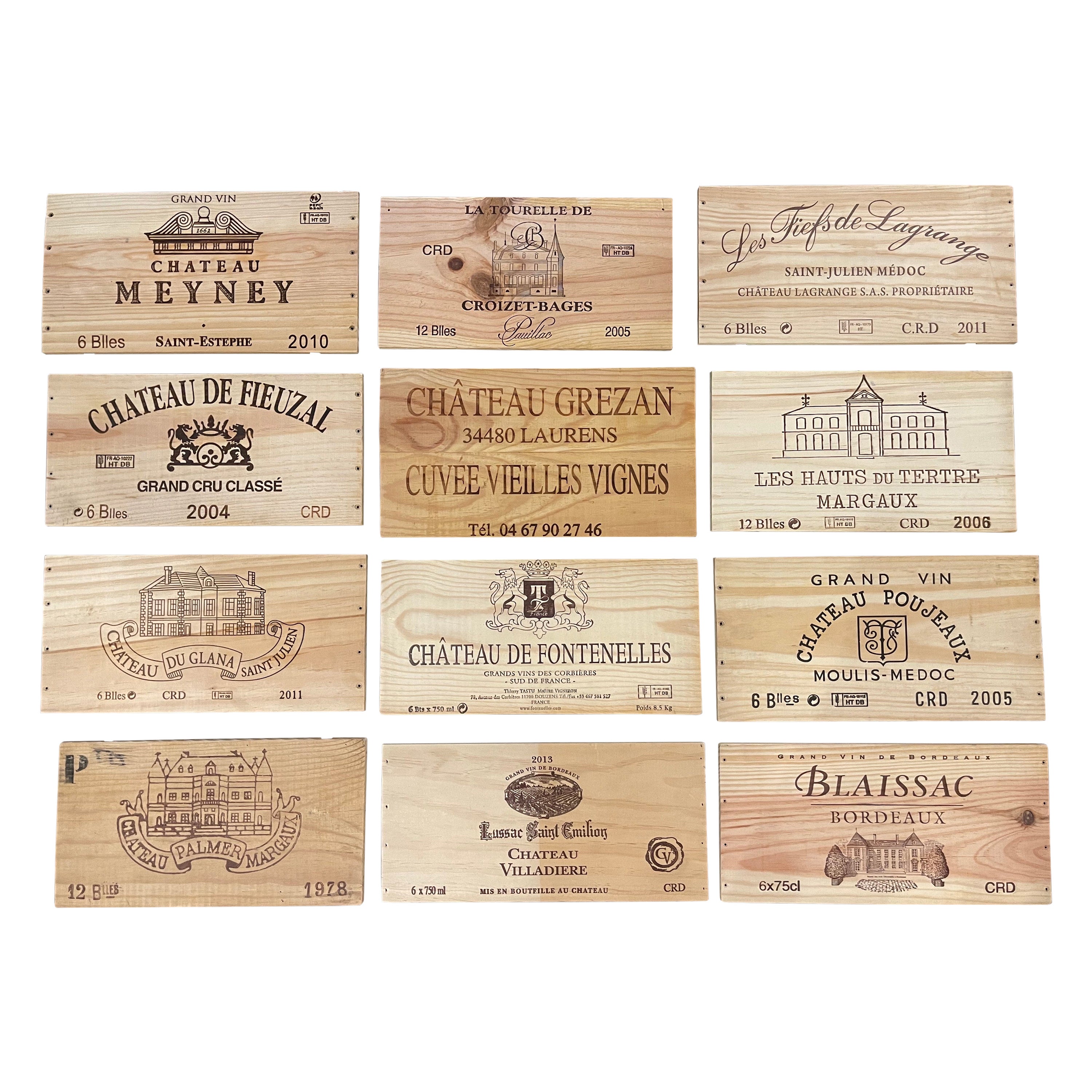 Französische Vintage-Weinschachtelschachteln aus Holz, 12er-Set