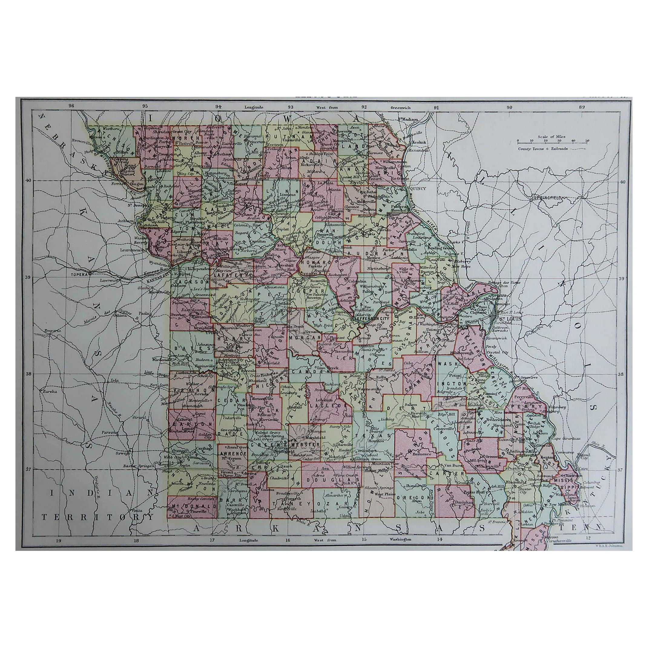 Original Antique Map of Missouri, 1889