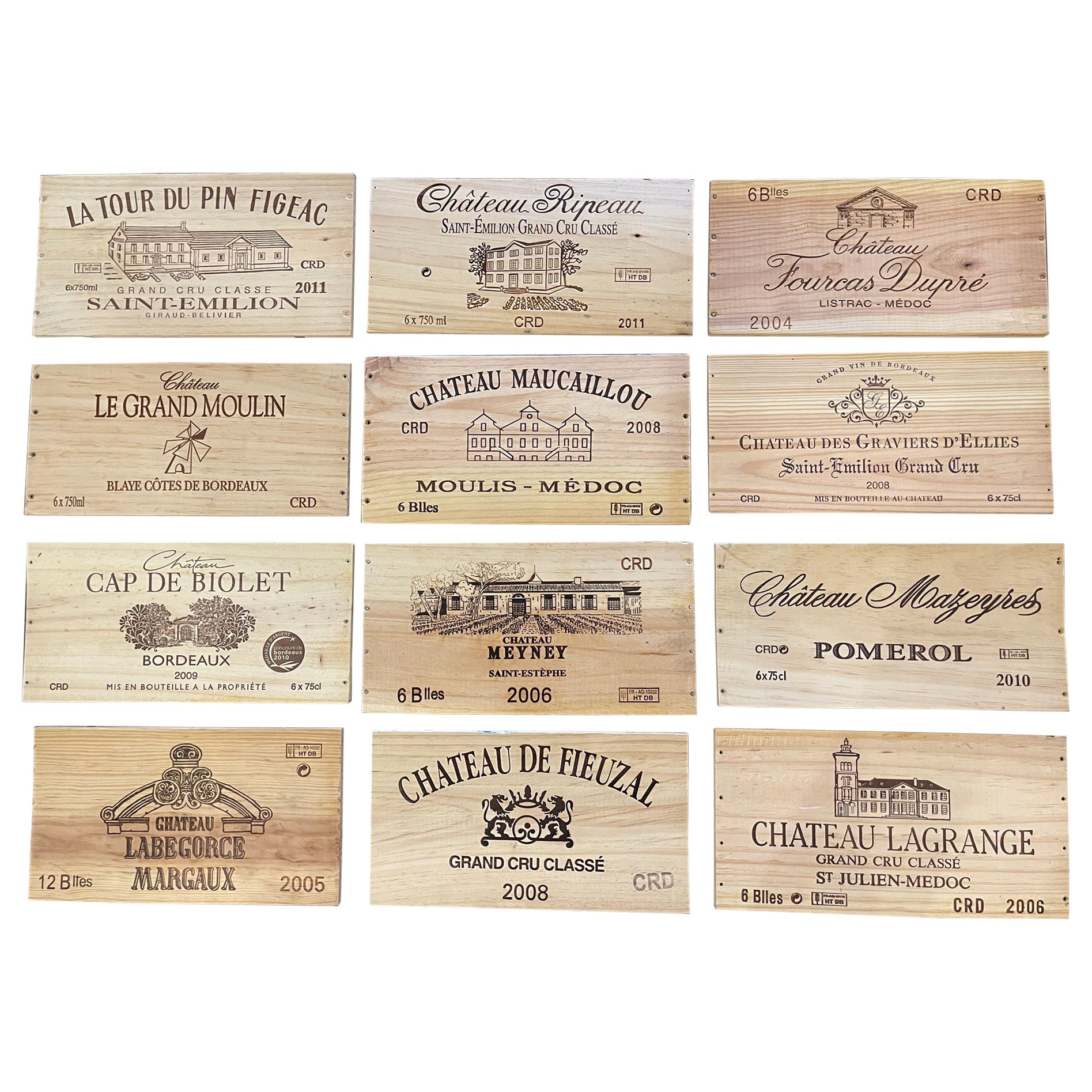 Boîte à vin et étiquettes françaises vintage en bois, lot de 12 en vente