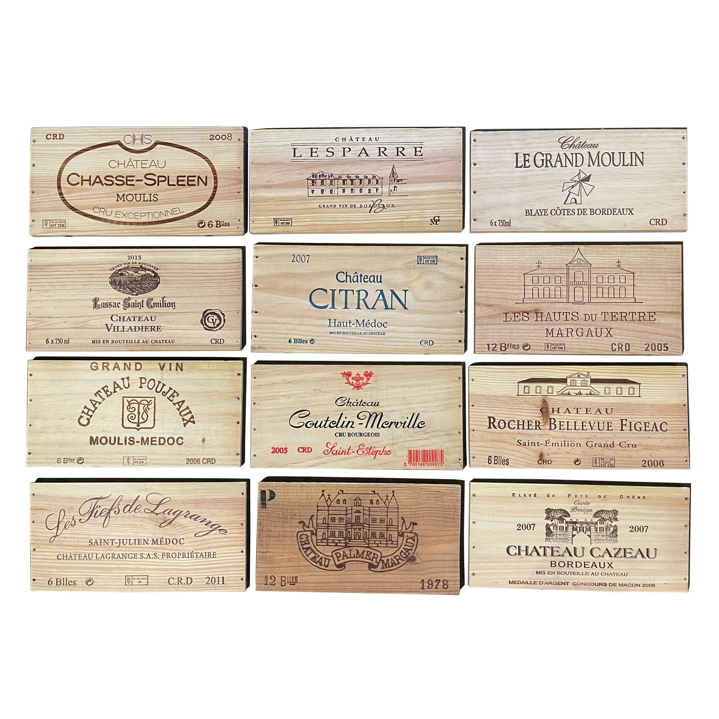 Boîte à vin et étiquettes françaises vintage en bois, lot de 12