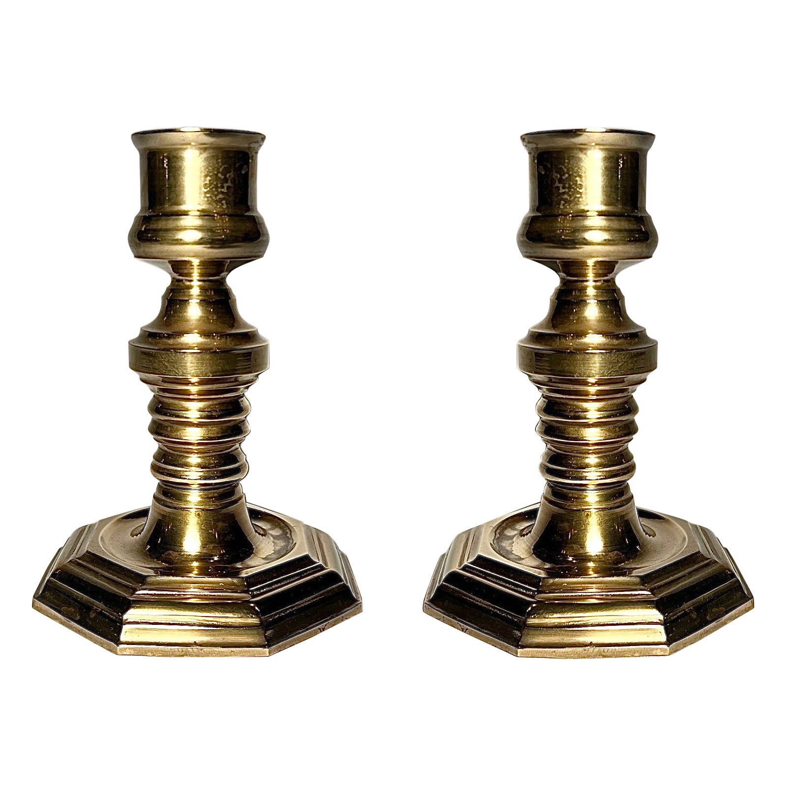 Pair Antique Solid Brass English Candlesticks For Sale