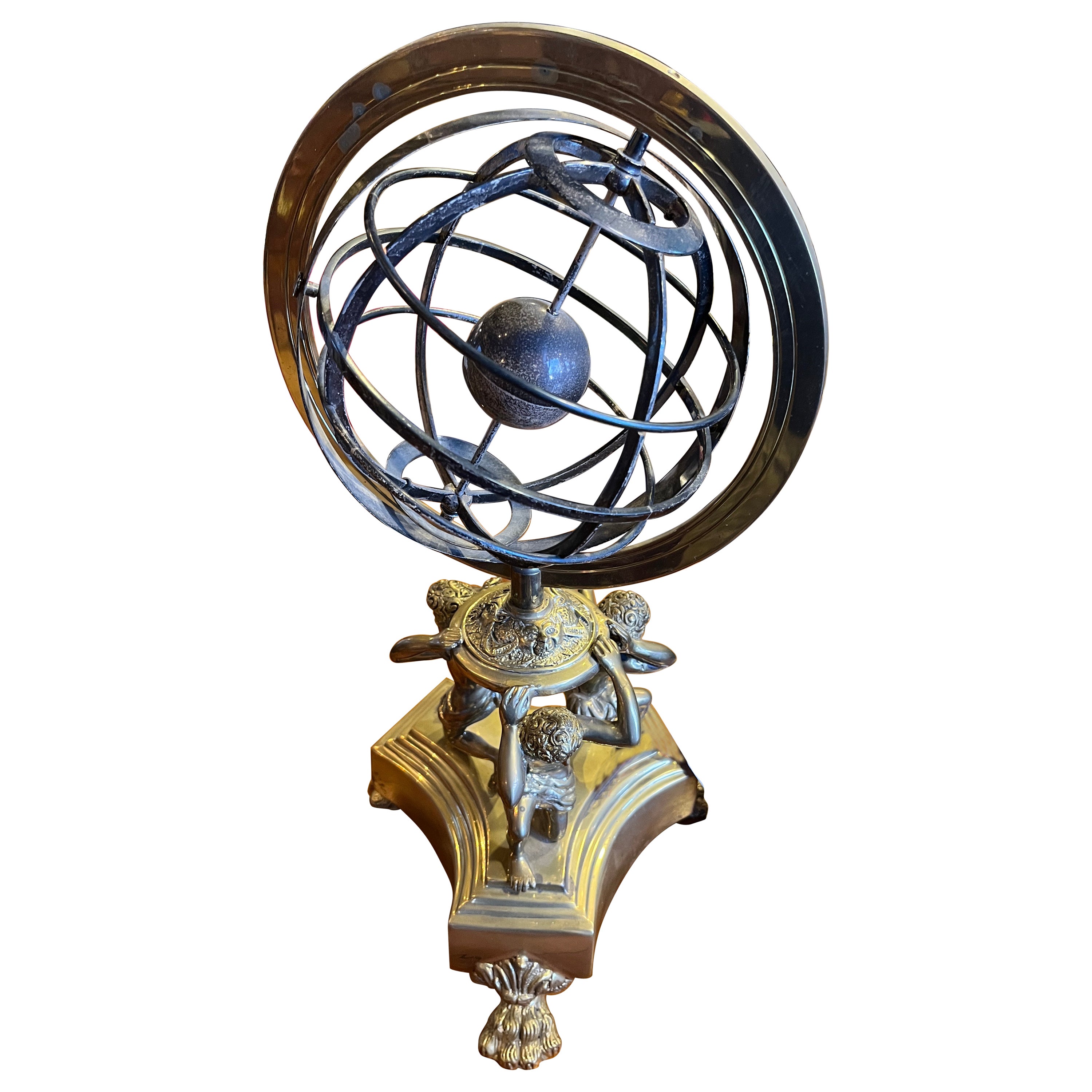 Globe armillaire du 19ème siècle sur socle en laiton