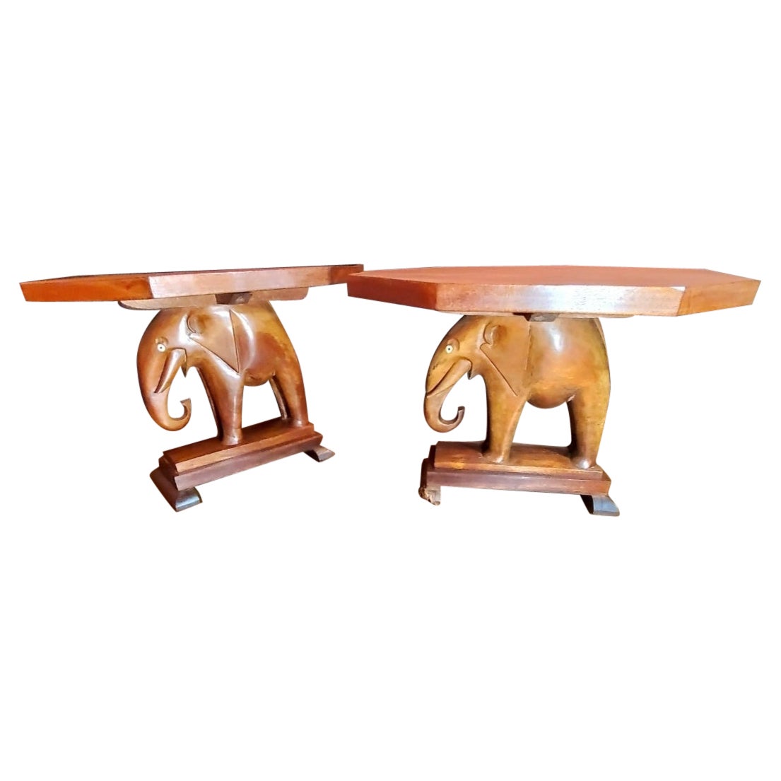 1940s Nigerian Carved Mahogany End Tables With Elephant Bases - a Pair. For Sale