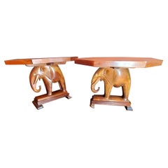 Antique 1940s Nigerian Carved Mahogany End Tables With Elephant Bases - a Pair.