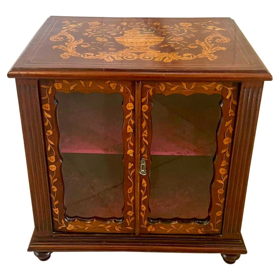 Unusual Small Antique Quality Mahogany Marquetry Inlaid Display Cabinet For Sale