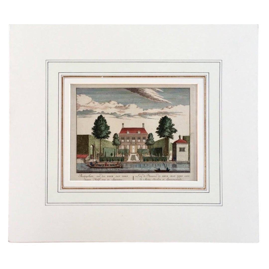 Beautiful and Chic Hand-Colored Dutch Garden Engraving by Visscher, 1719 w/ Mat For Sale