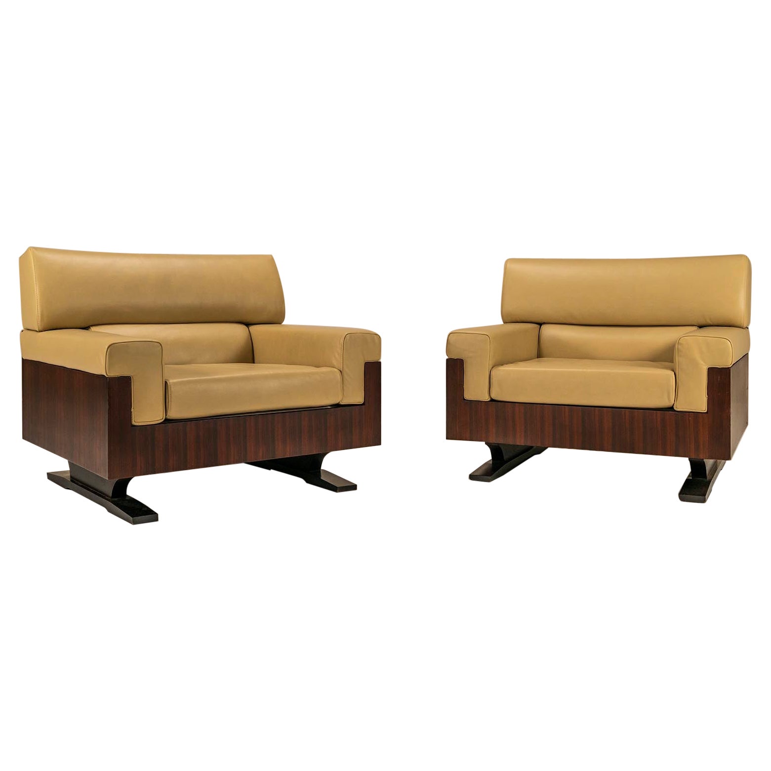 Set Of Two Large Lounge Chairs In Full Aniline Leather And Rosewood, Italy 1960s