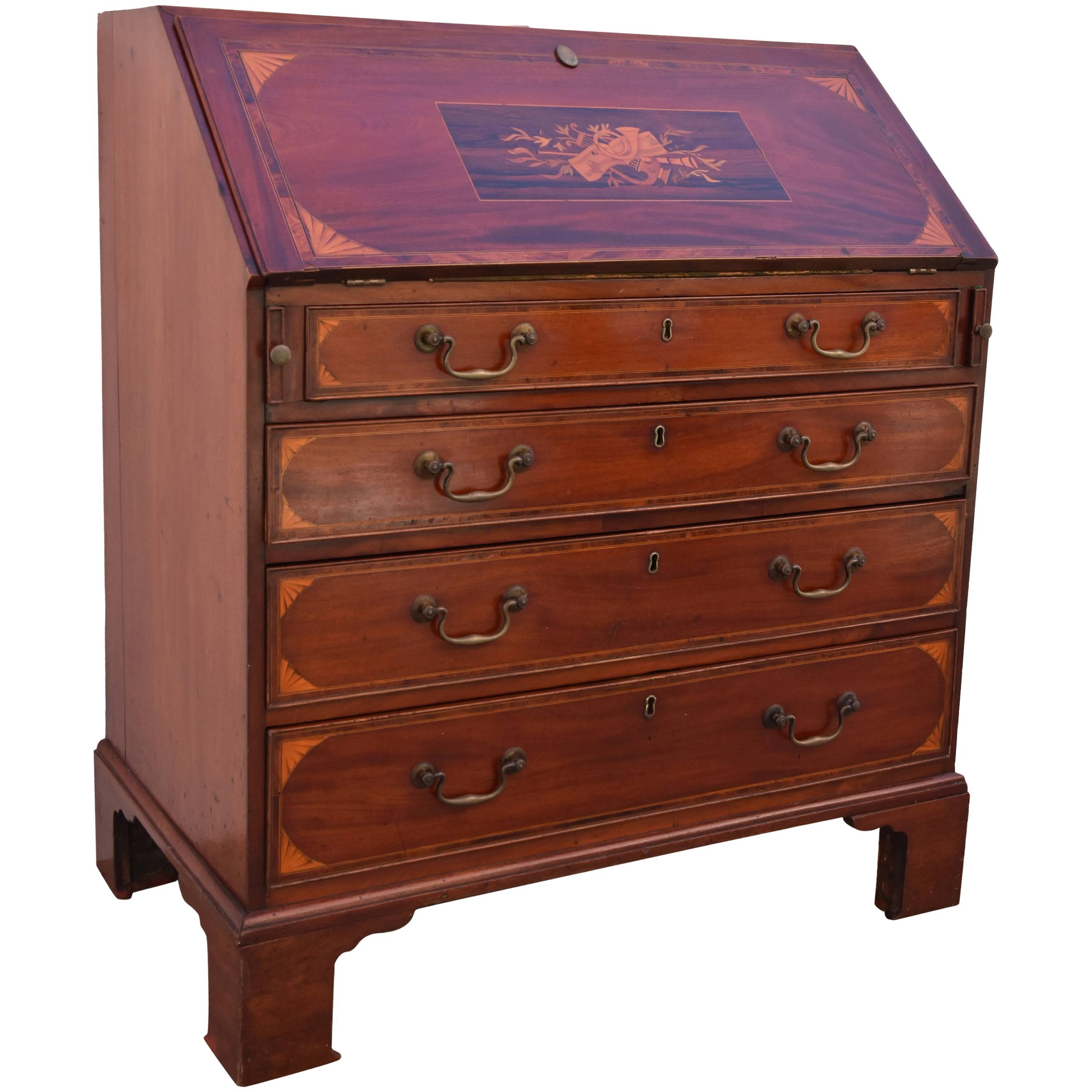 Drop Front Secretary with Marquetry, 19th Century For Sale