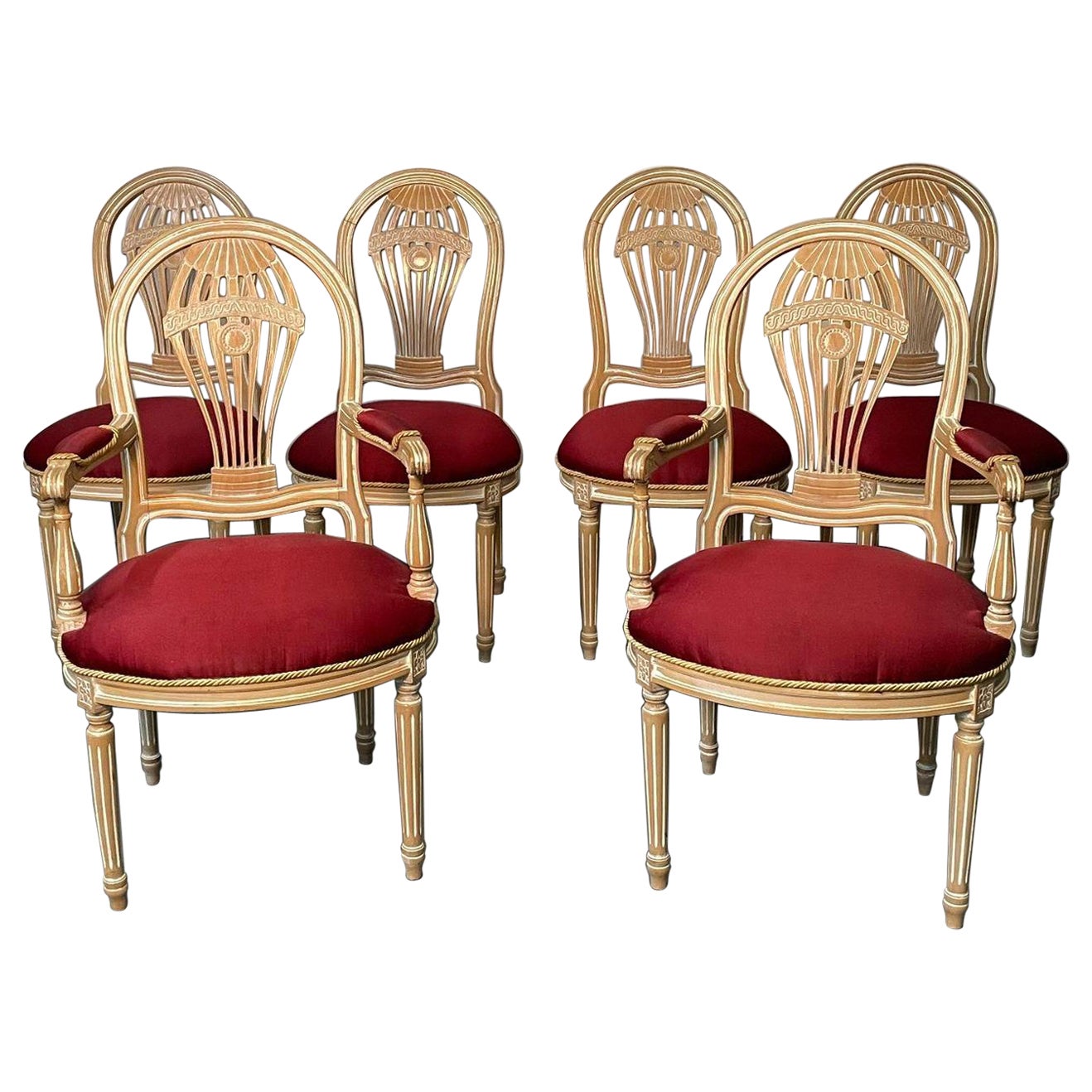 Six Louis XVI Maison Jansen Style Bleached Balloon Back Dining Chairs, Whitewash For Sale