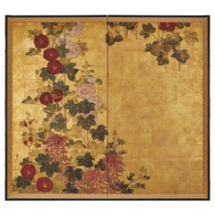 Japaneses Two Panel Screen: Hollyhocks on Gold