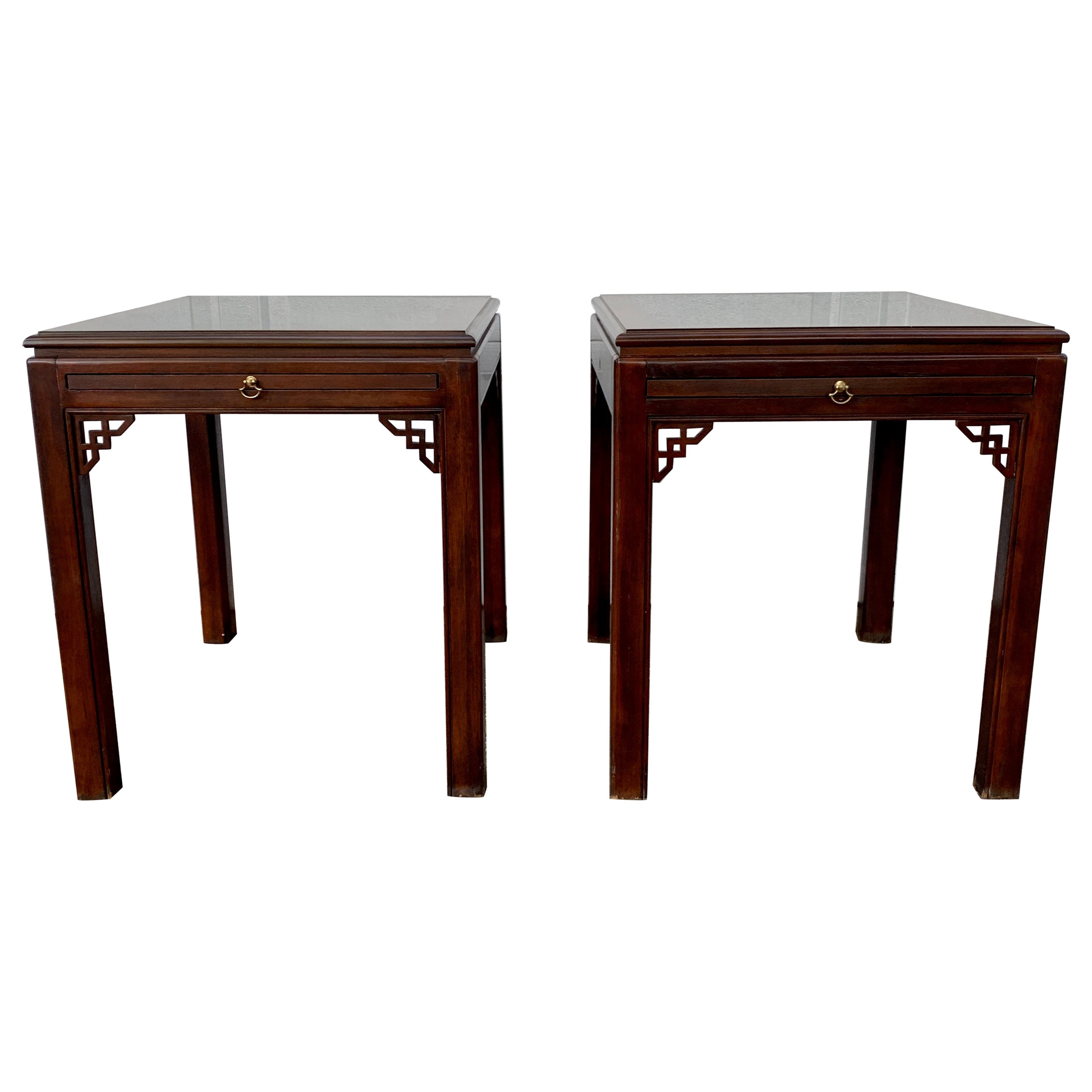 Drexel Heritage English Chippendale Banded Mahogany Side Tables, Pair