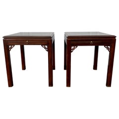 Drexel Heritage English Chippendale Banded Mahogany Side Tables, Pair