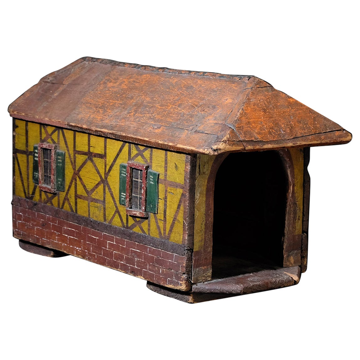 19th Century French Folk Art Dog Kennel, Hand Painted Cob Barn, Pine, Polychrome