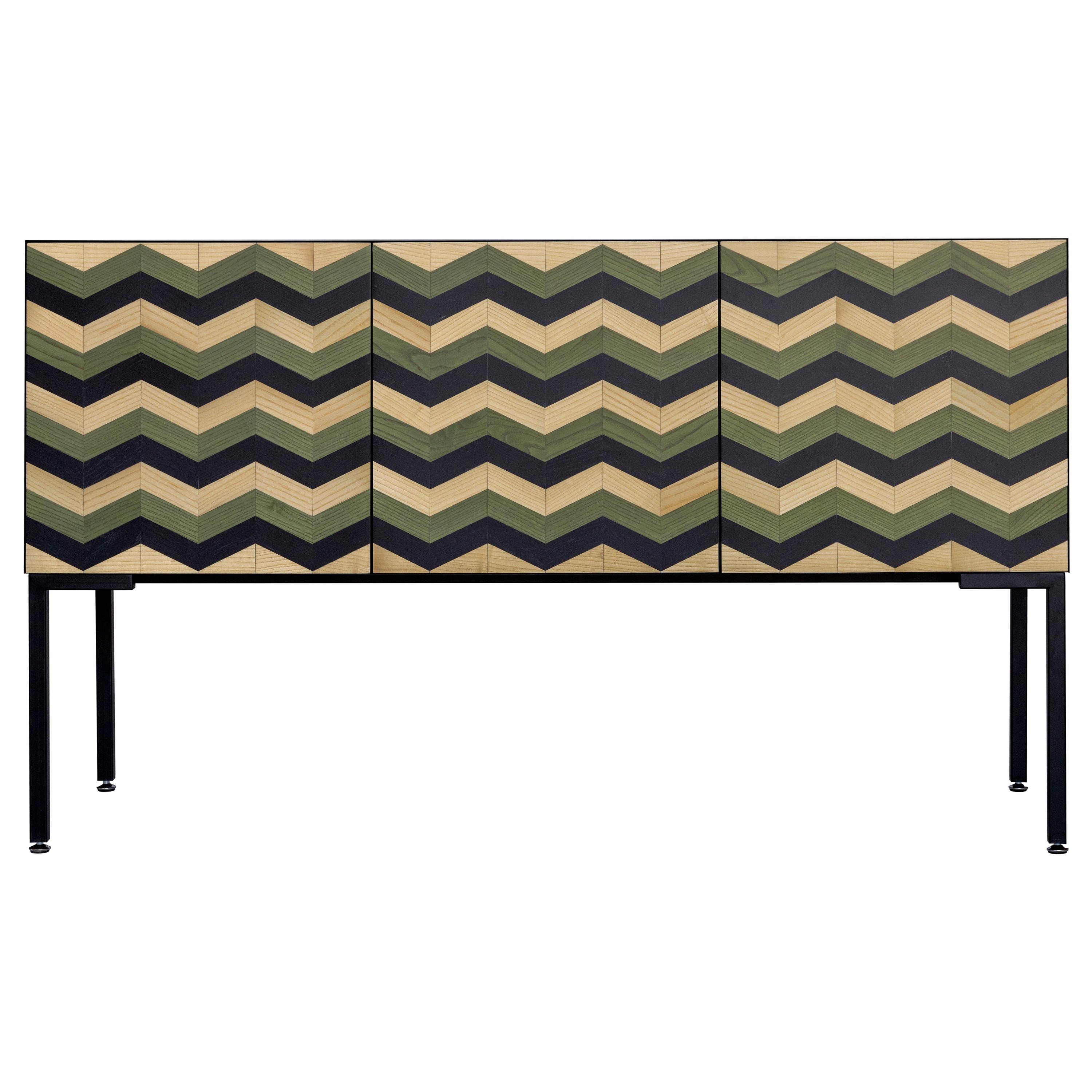 21st Century Marea Inlaid Sideboard Natural, Black and Green Ash, Made in Italy