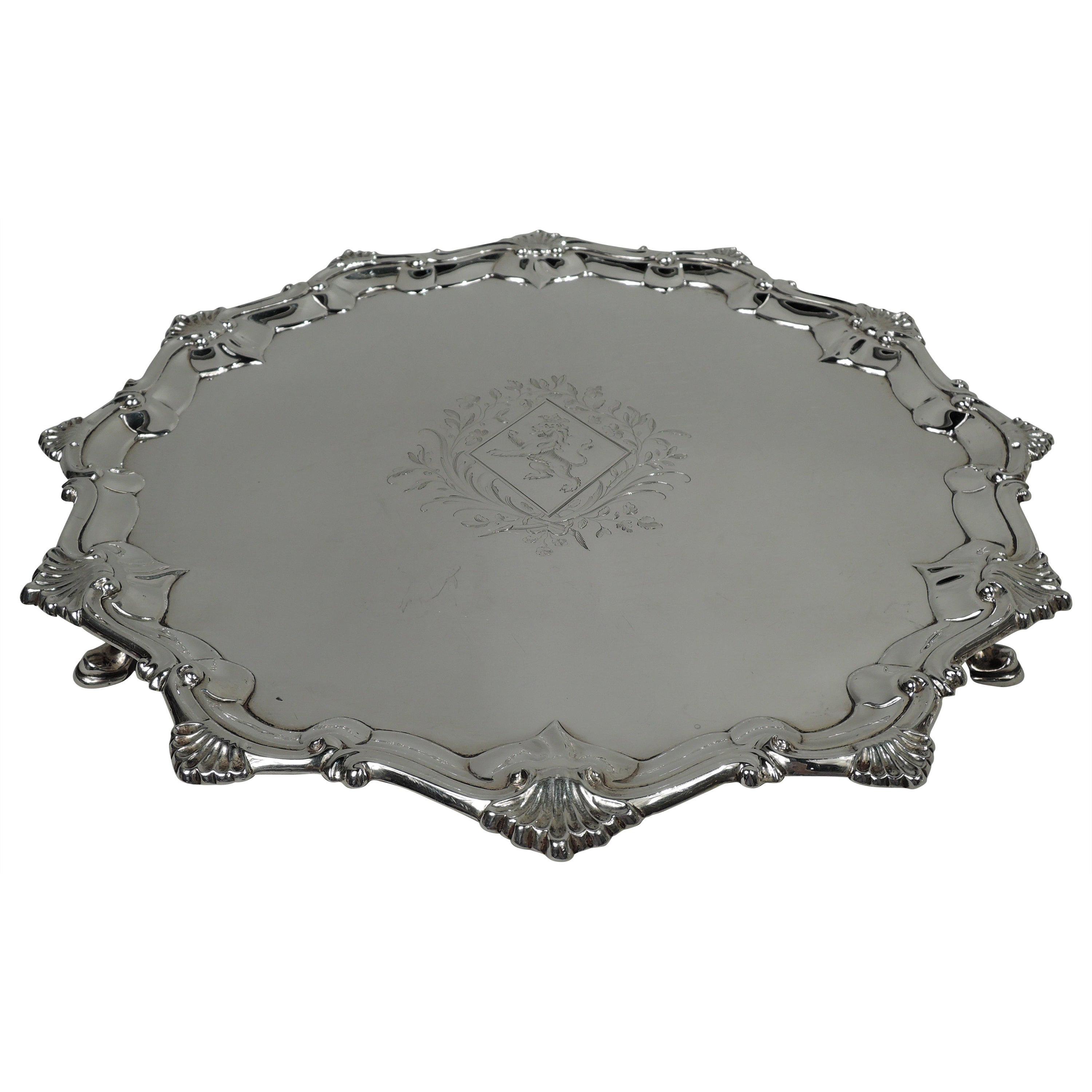 English Georgian Sterling Silver Shell Salver Tray by Coker, 1765 For Sale