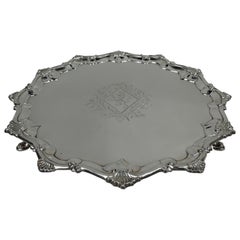 English Georgian Sterling Silver Shell Salver Tray by Coker, 1765