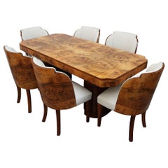 Original English Art Deco Burr Walnut Six Seater Dining Table and Chairs 