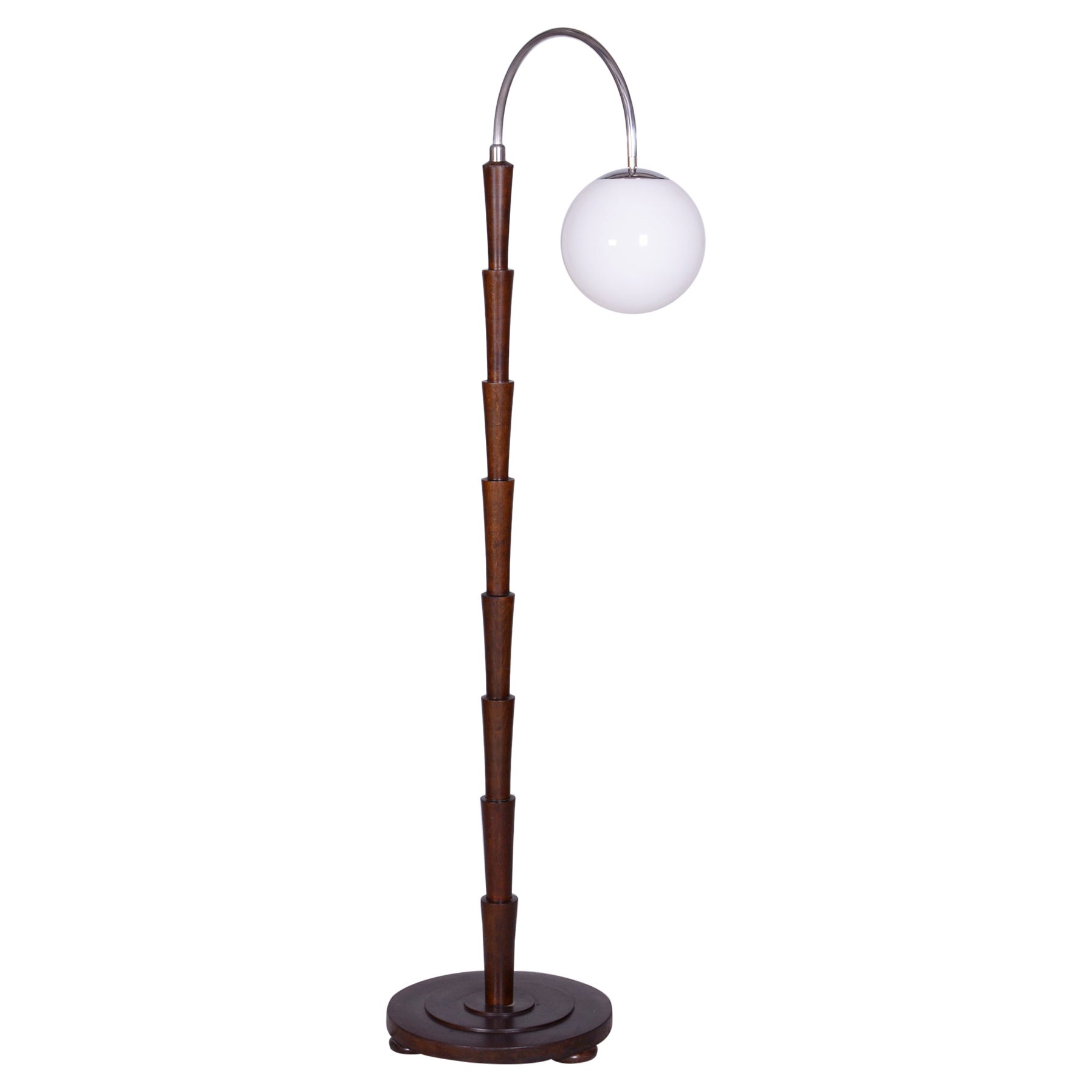 Restored Czech Cubism Floor Lamp, Beech, Chrome-plated Steel, Czechia, 1920s For Sale