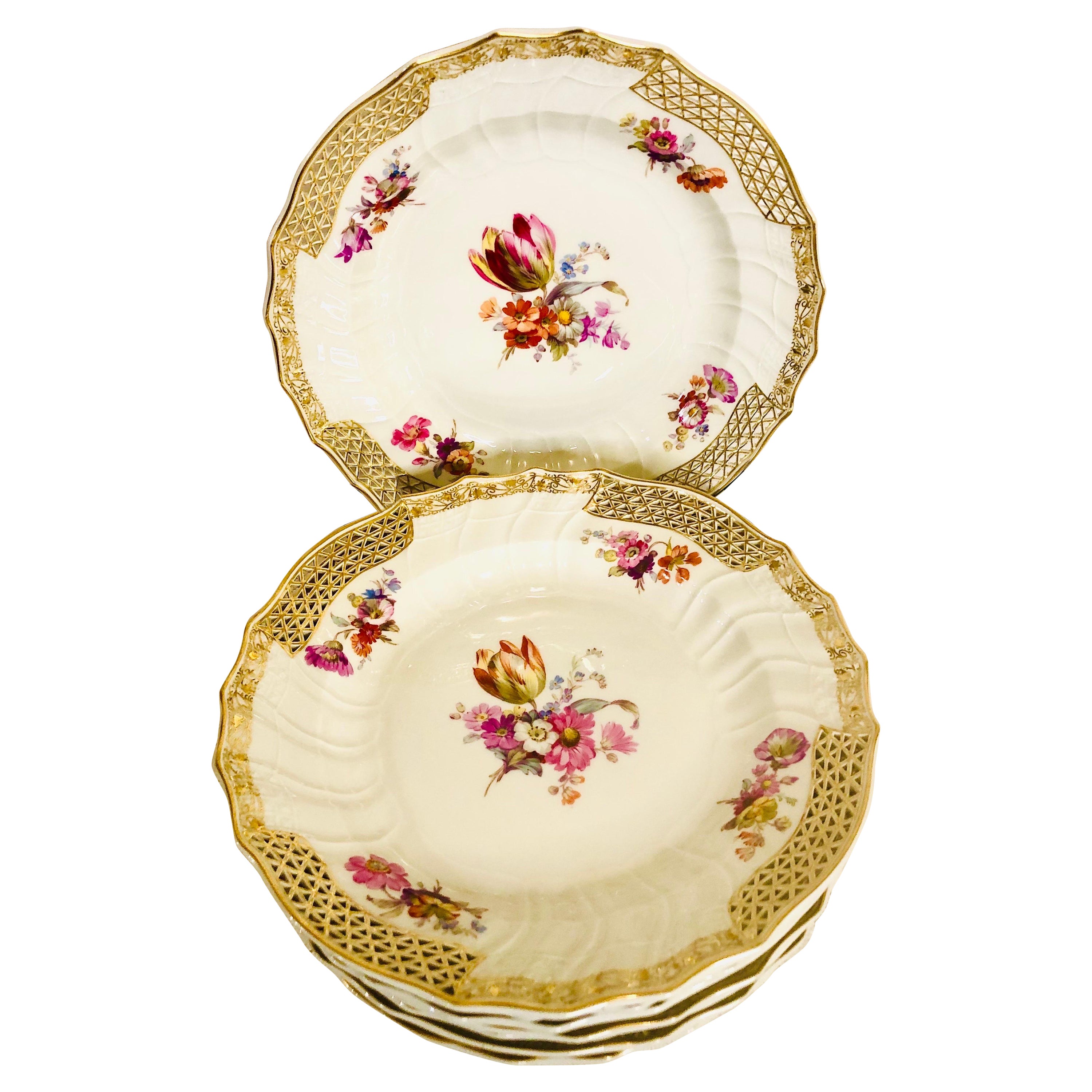 Set of 8 KPM Dinner Plates with Reticulated Border And Different Flower Bouquets For Sale