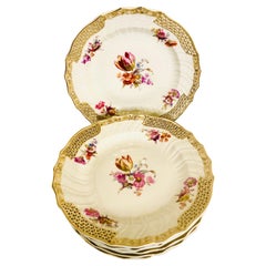Set of 8 KPM Dinner Plates with Reticulated Border And Different Flower Bouquets