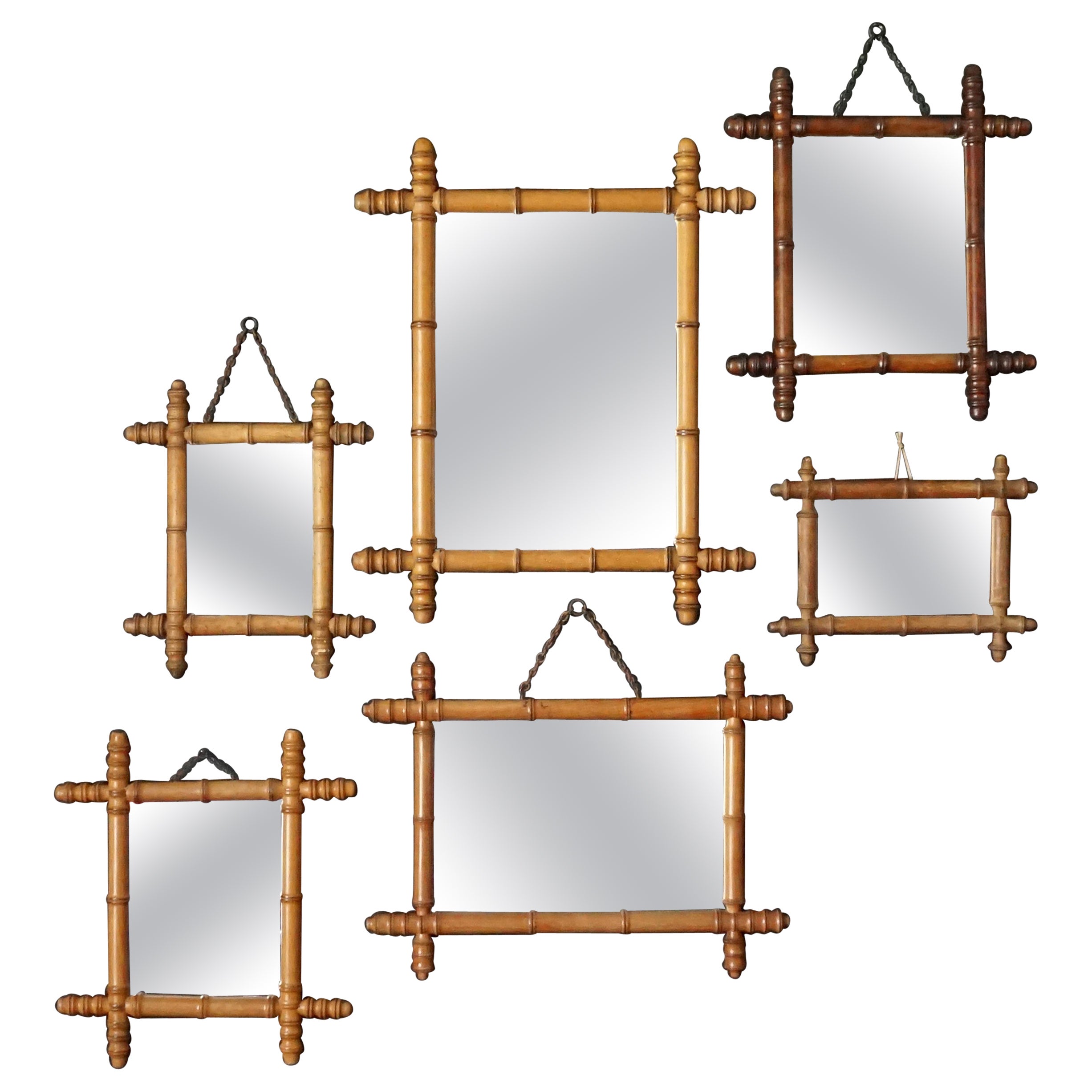 Six Antique and Vintage 20th Century French Faux Bamboo Frame with Foxed Mirrors For Sale