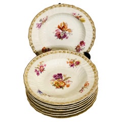 Set of 8 KPM Wide Rim Soups, Each Hand-Painted With a Different Flower Bouquet