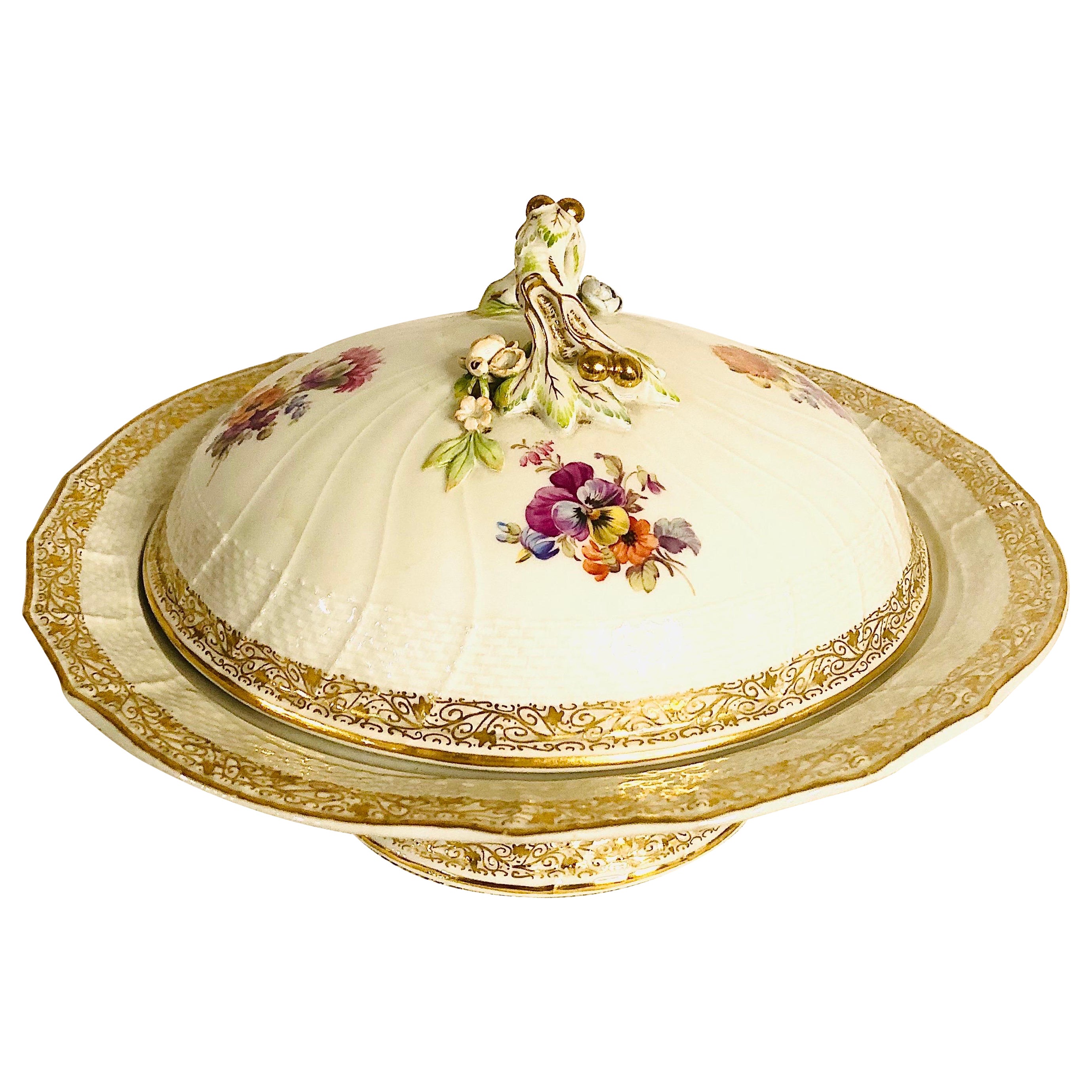 KPM Covered Bowl on a Pedestal With Raised Fruits and Roses and Painted Bouquets For Sale