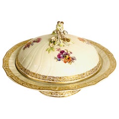 Antique KPM Covered Bowl on a Pedestal With Raised Fruits and Roses and Painted Bouquets