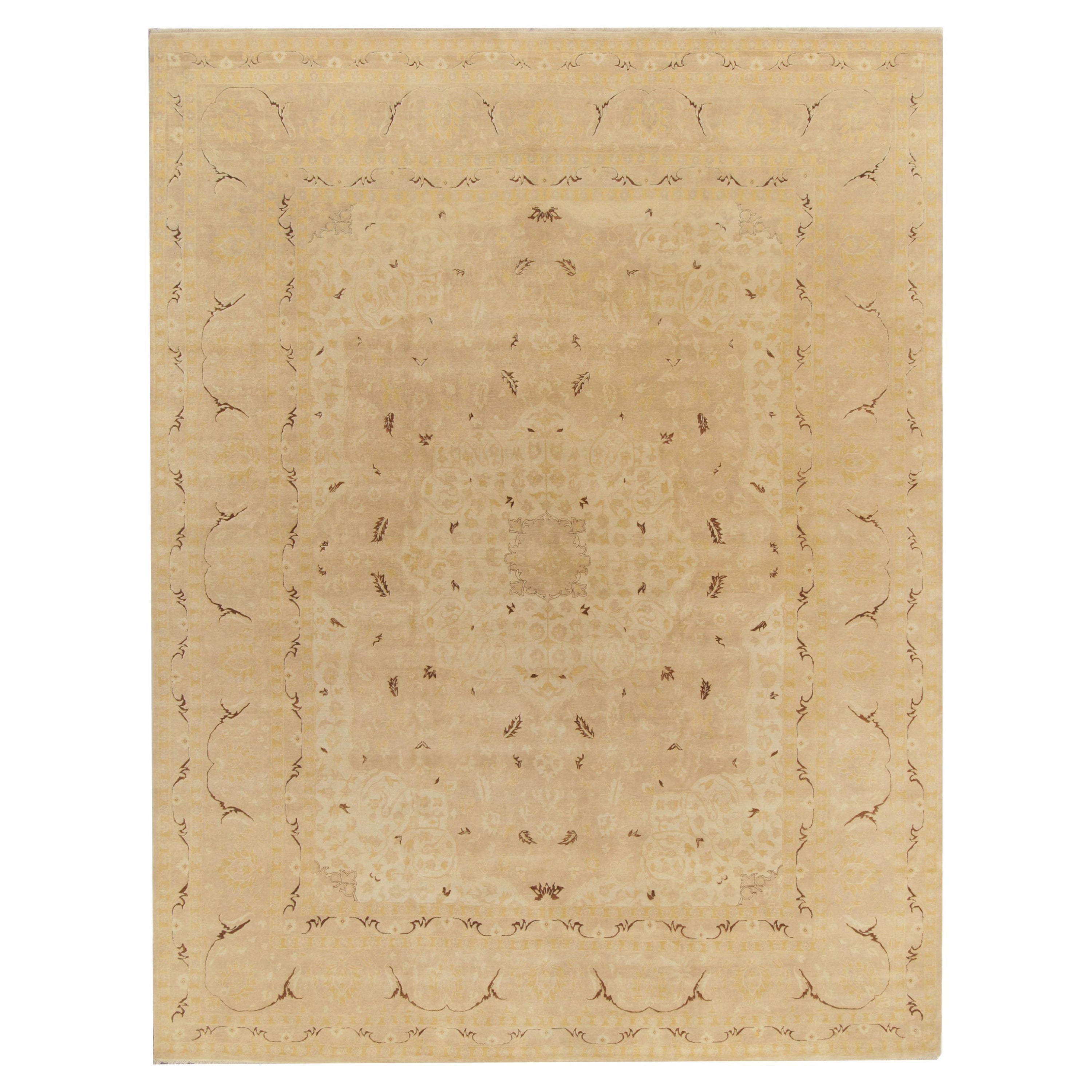 Rug & Kilim’s Classic-Style Rug in Beige-Brown with Pink & Gold Floral Patterns For Sale