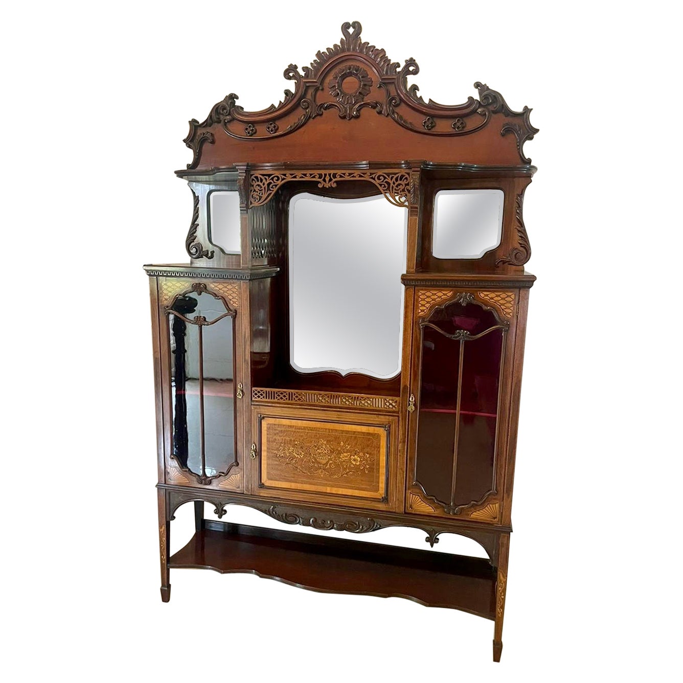 Outstanding Quality Large Antique Mahogany Inlaid Satinwood Display Cabinet For Sale