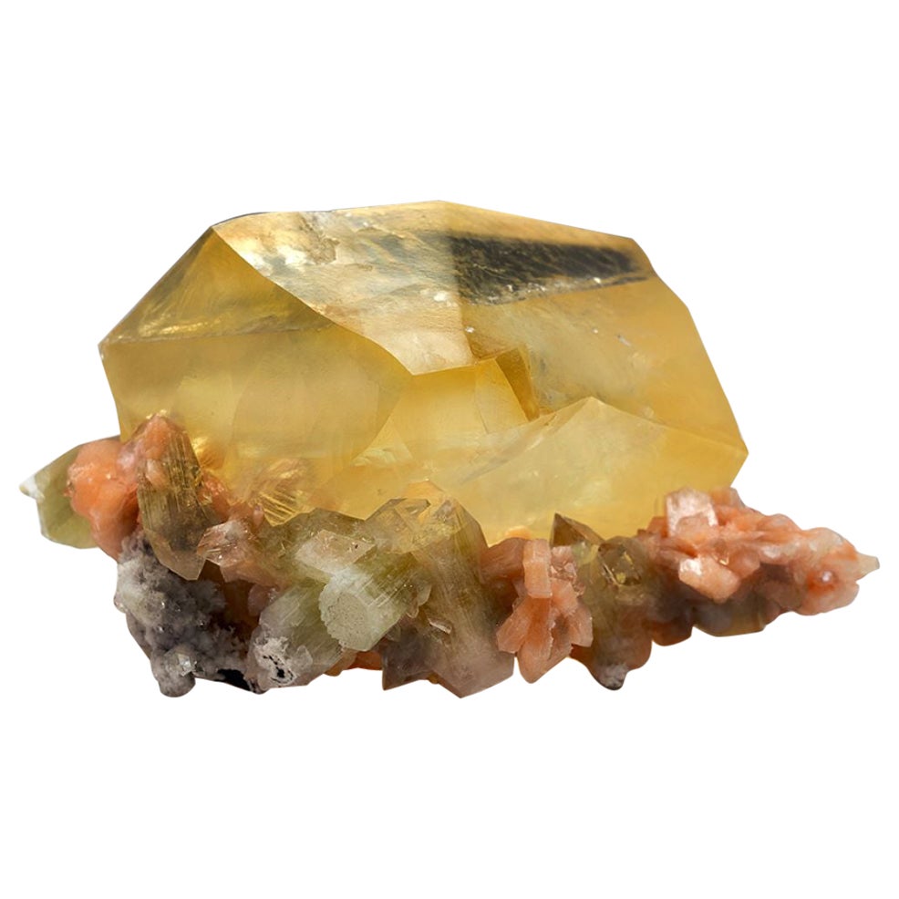 Twinned Golden Calcite with Apophyllite & Stilbite From Nasik District, Maharash For Sale