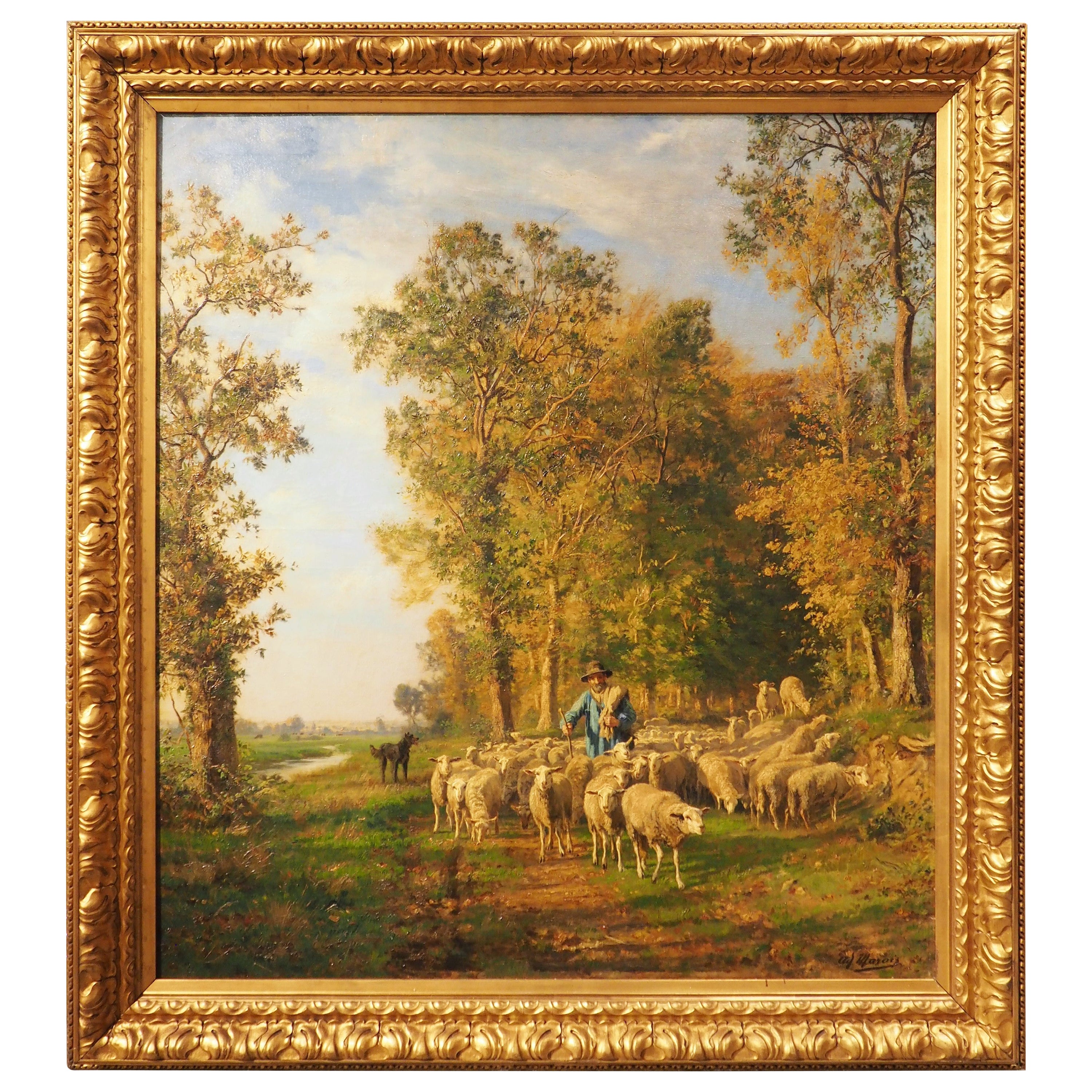 Grande huile pastorale française sur toile d'Adolphe Marais 1856-1940, H-64 3/8 pouces