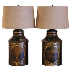 Pair of 19th Century French Painted Tole Tea Canister Table Lamps with Shades