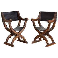 Pair Spanish Baroque Style Walnut & Bone Inlaid Curule Form Armchairs, ca. 1900