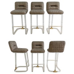 Vintage Set of 6 Upholstered Swivel Bar Stools by Lion in Frost Signed Lucite and Brass