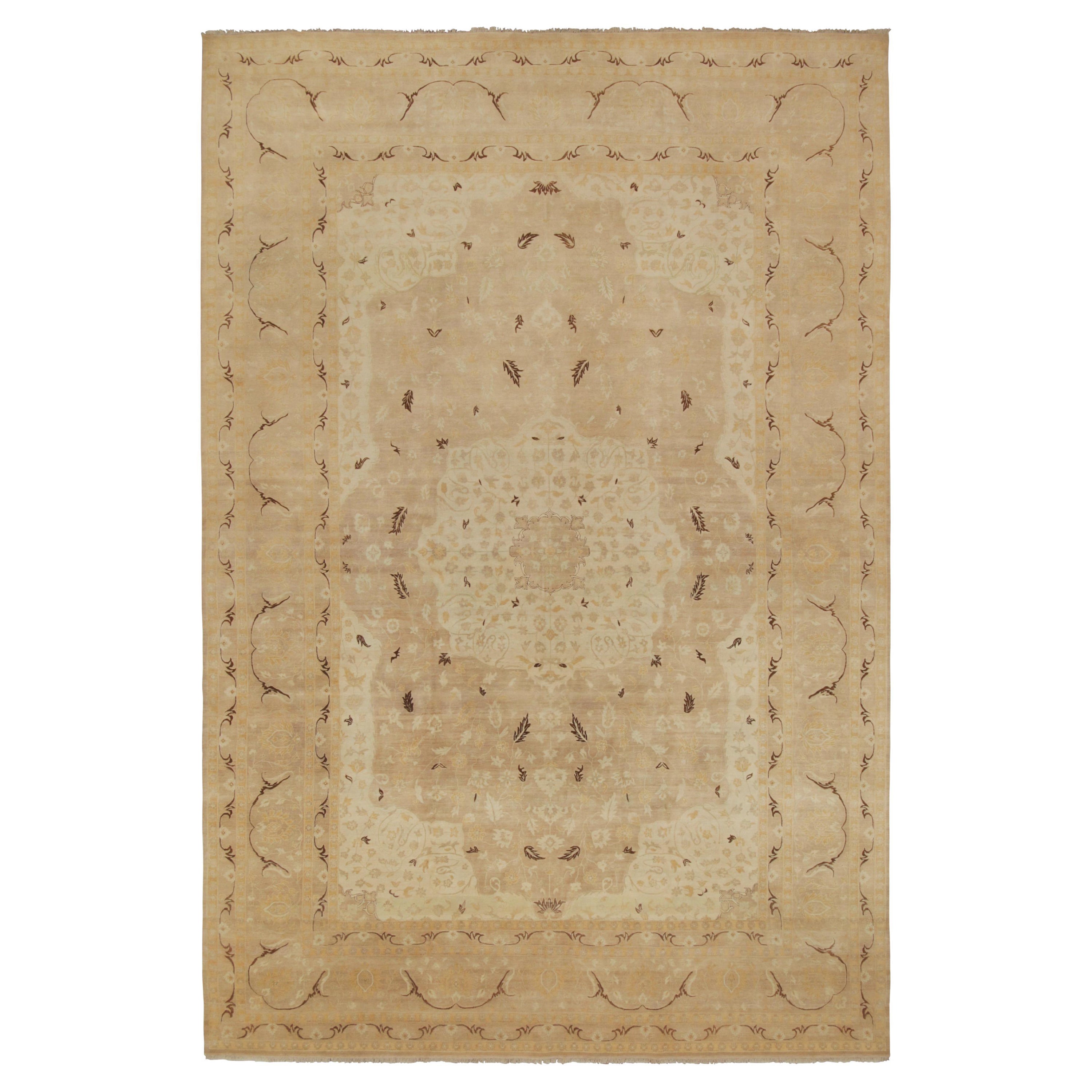 Rug & Kilim’s Classic-Style rug in Beige-Pink with Gold & Brown Floral Patterns For Sale