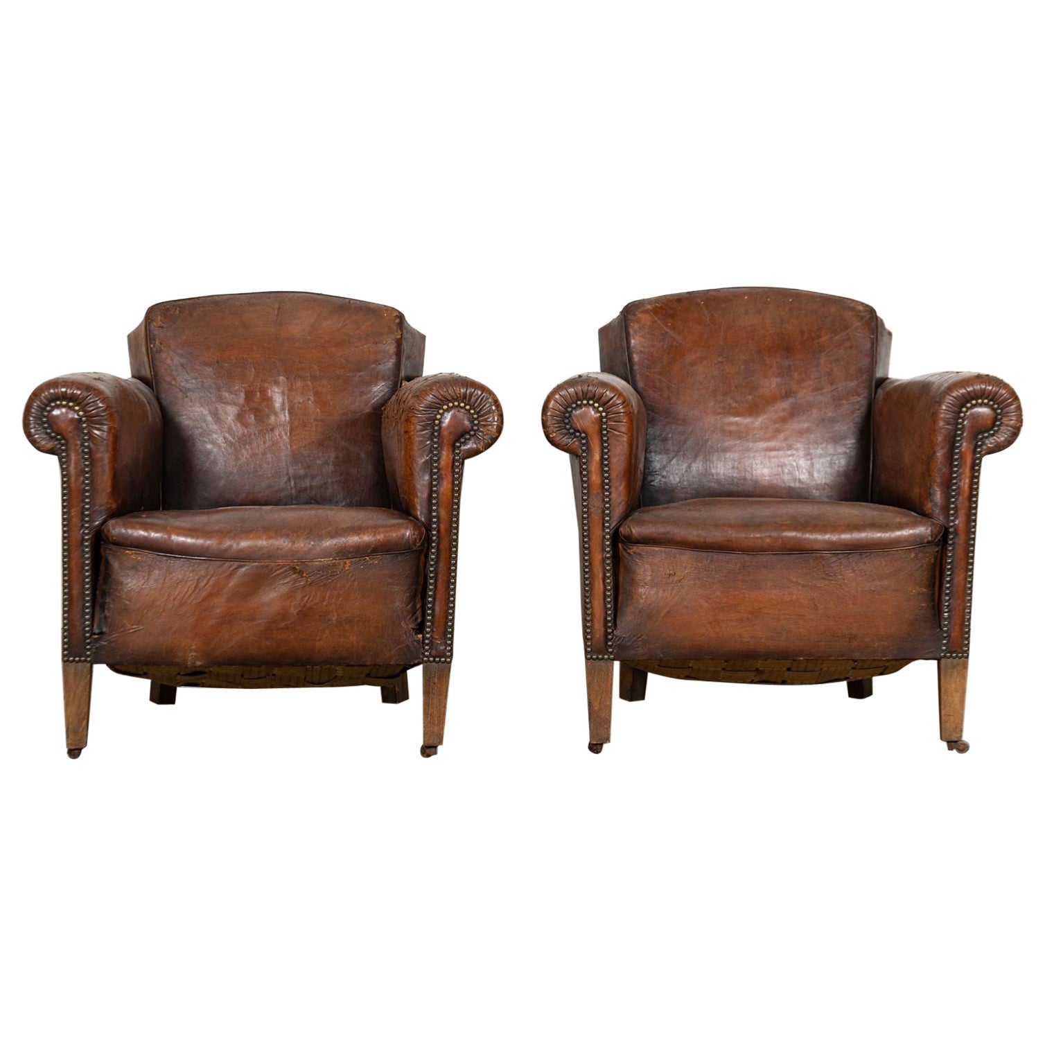 Pair French Sprung Leather Club Armchairs For Sale
