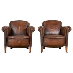 Pair French Sprung Leather Club Armchairs