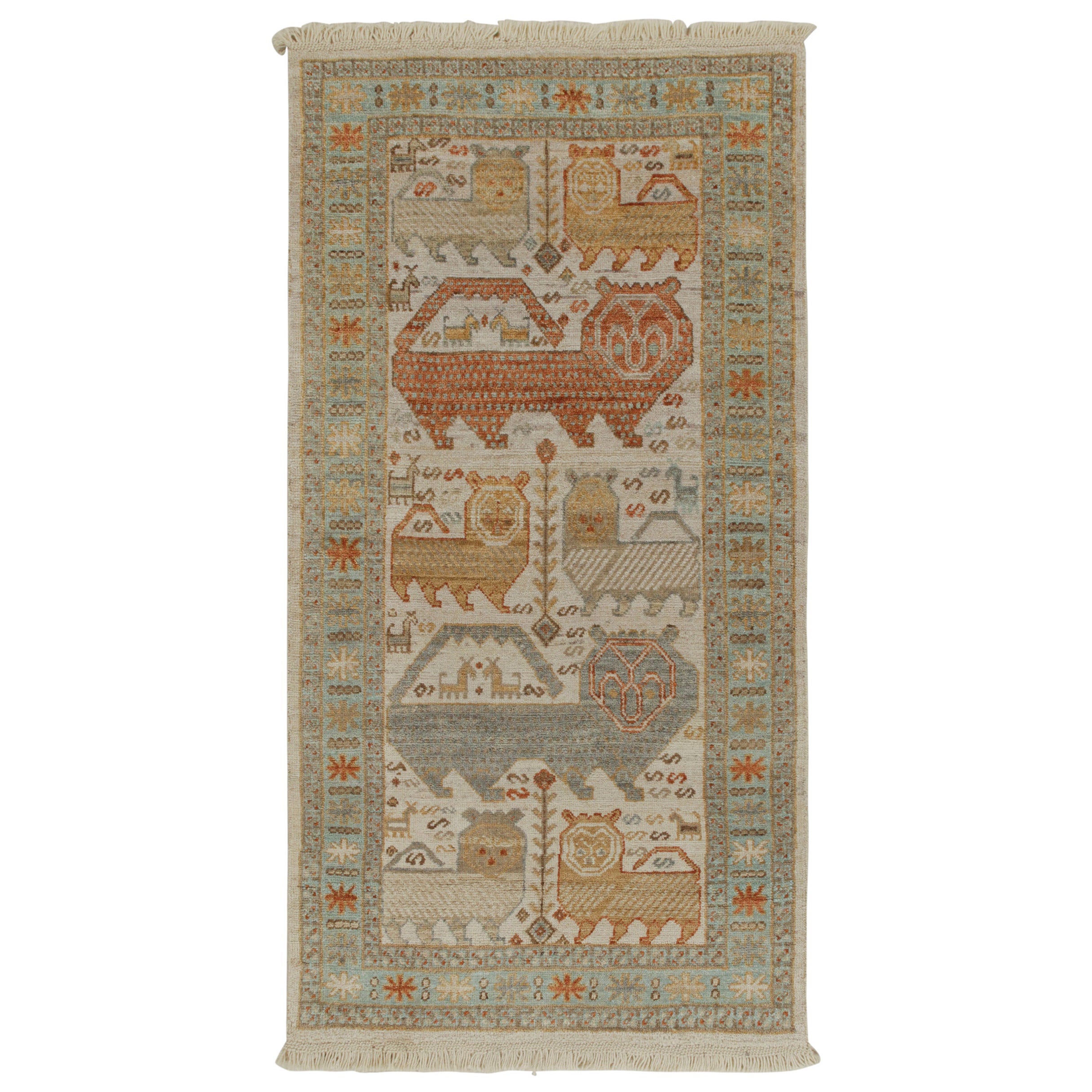  Rug & Kilim’s Tribal style runner in Beige-Brown, Blue and Red Pictorials