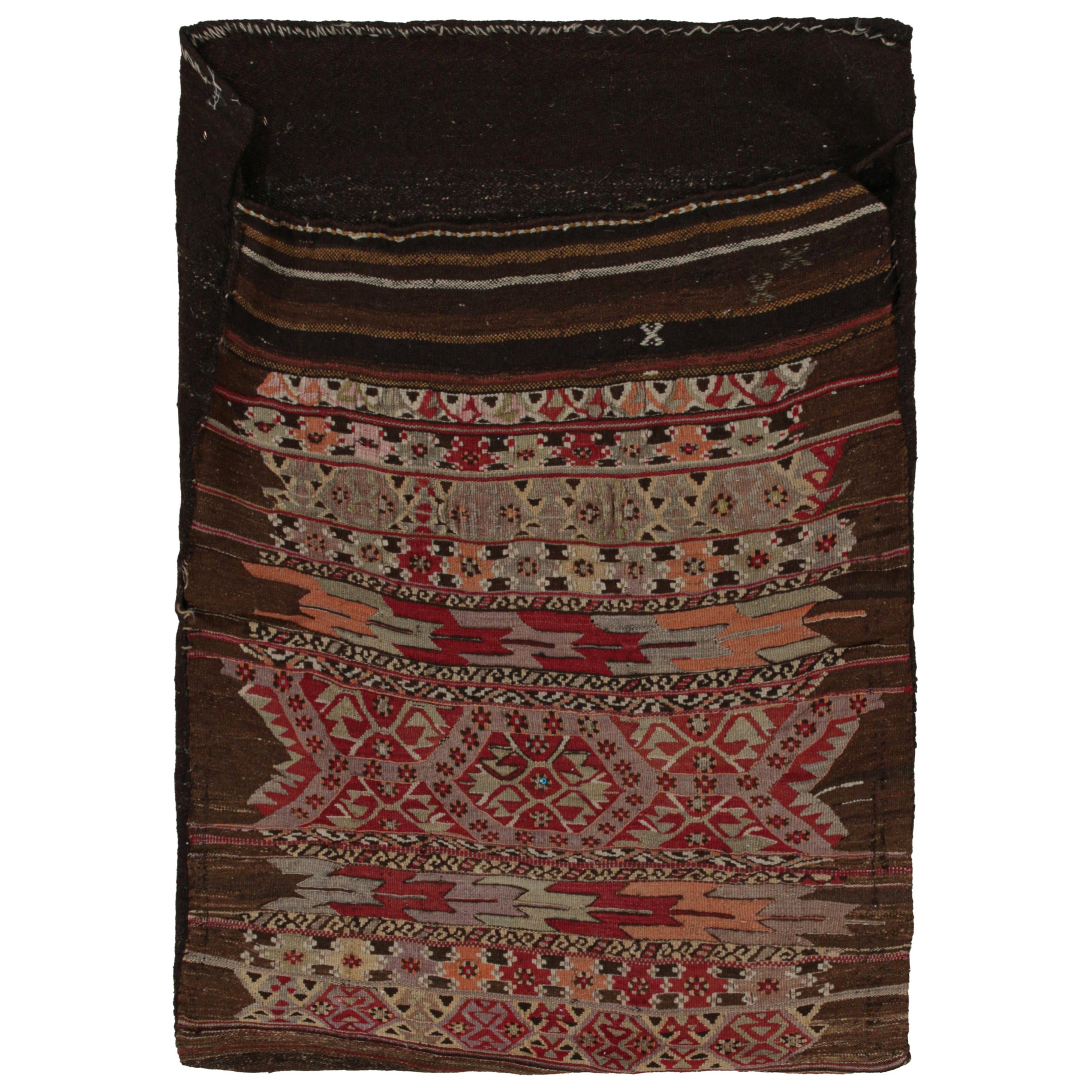 Antique Persian Bag Kilim in Brown with Geometric Patterns, from Rug & Kilim For Sale