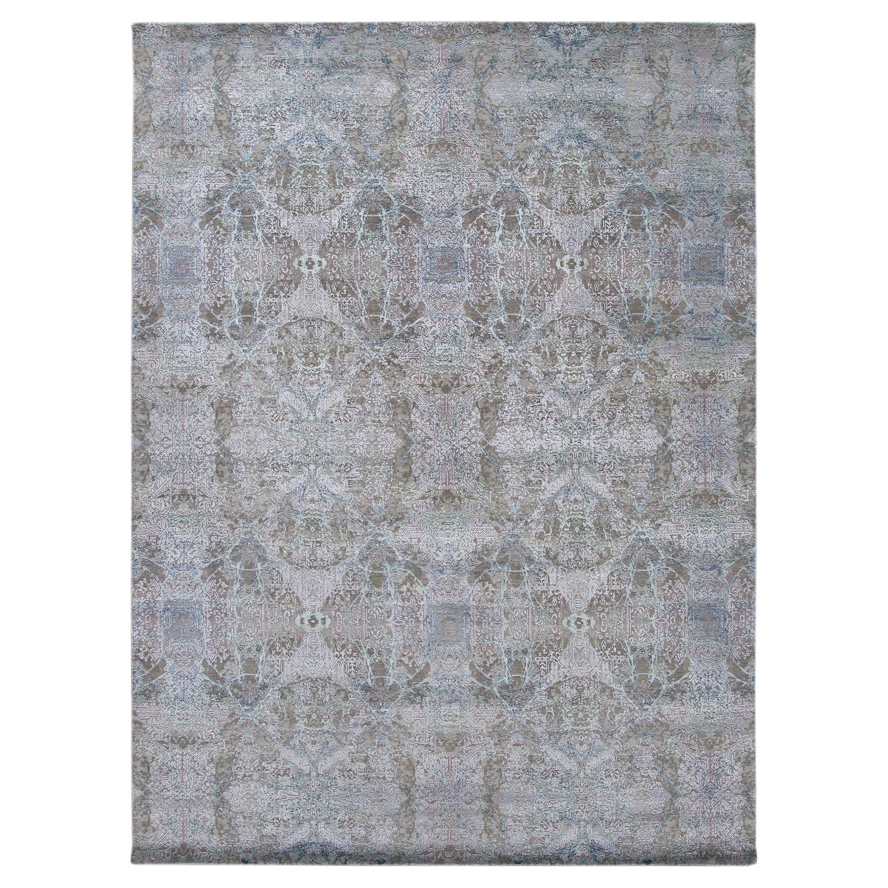 Handmade Gray Modern Wool Rug With Allover Abstract Motif For Sale