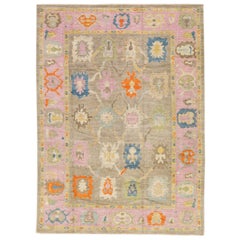 The Moderns Modern Rug Brown/Pink Wool with Floral Pattern (tapis en laine à motifs floraux) fait à la main