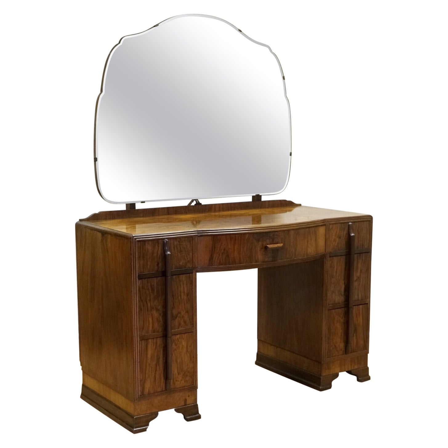 STUNNING 1920's ART DECO BURR WALNUT DRESSING TABLE WITH SEVEN DRAWERS