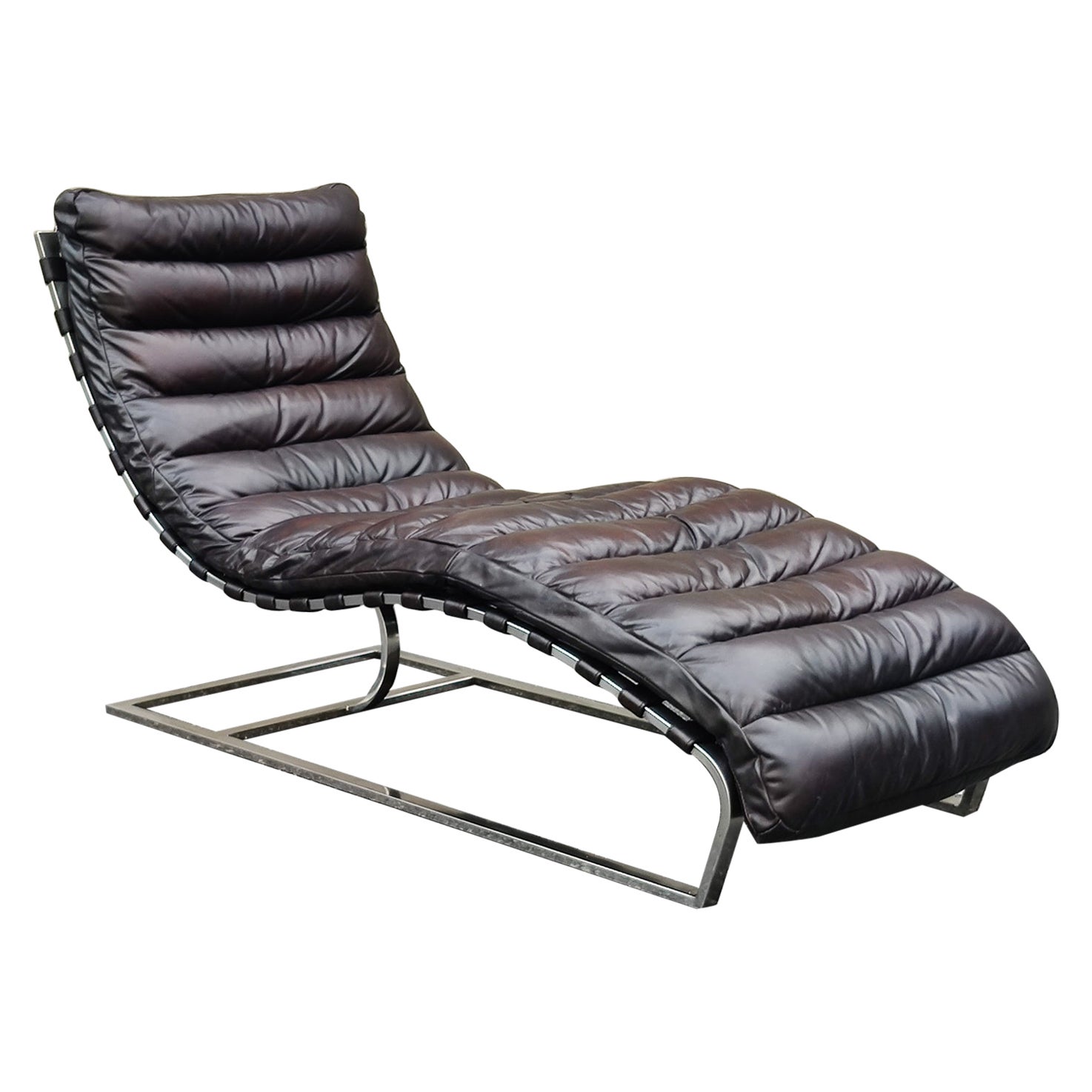 Restoration Hardware Oviedo Espresso Leather Chrome-Frame Chaise Lounge Chair For Sale