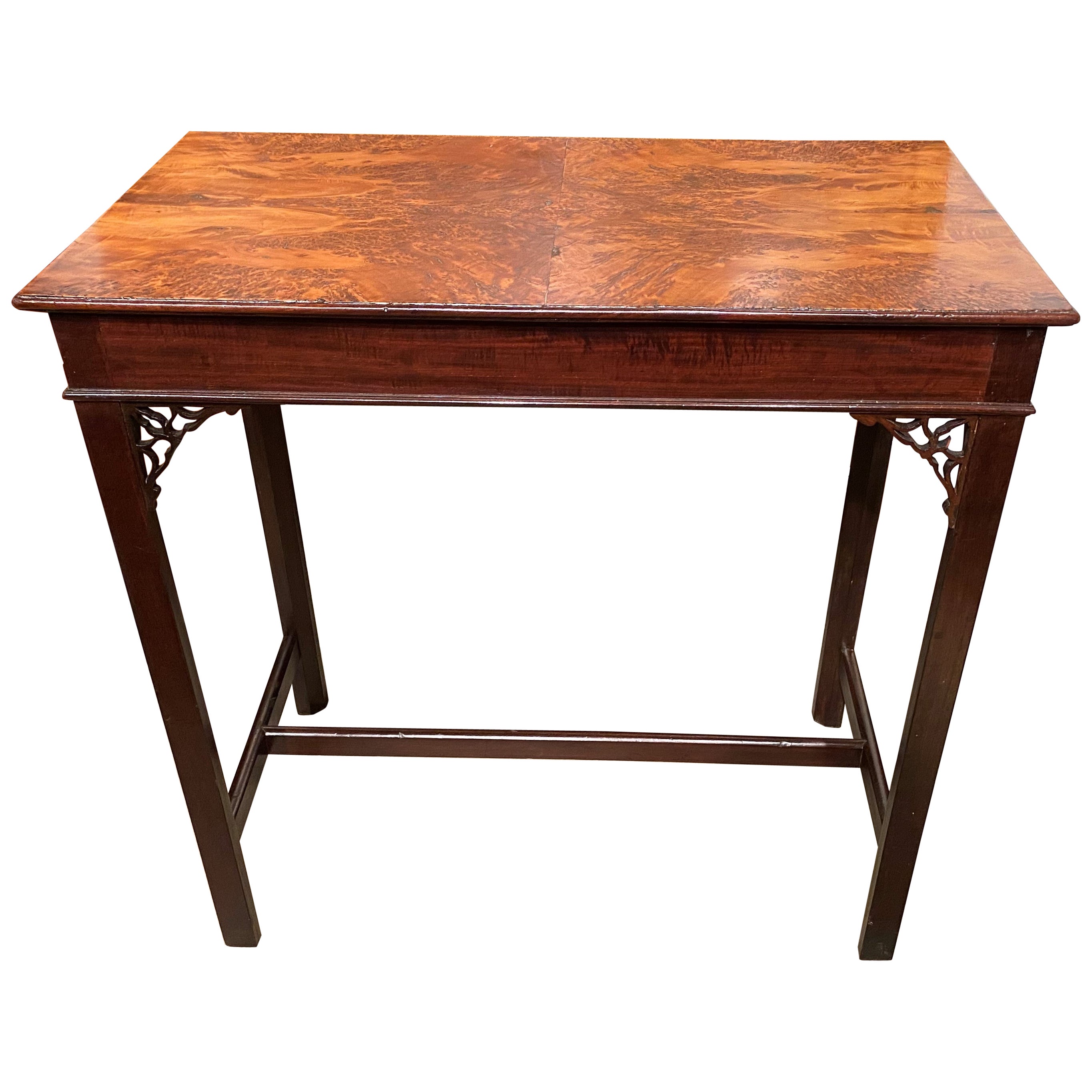 19th c English Mahogany Tea Table with Fretwork and Burled Yew Wood Top